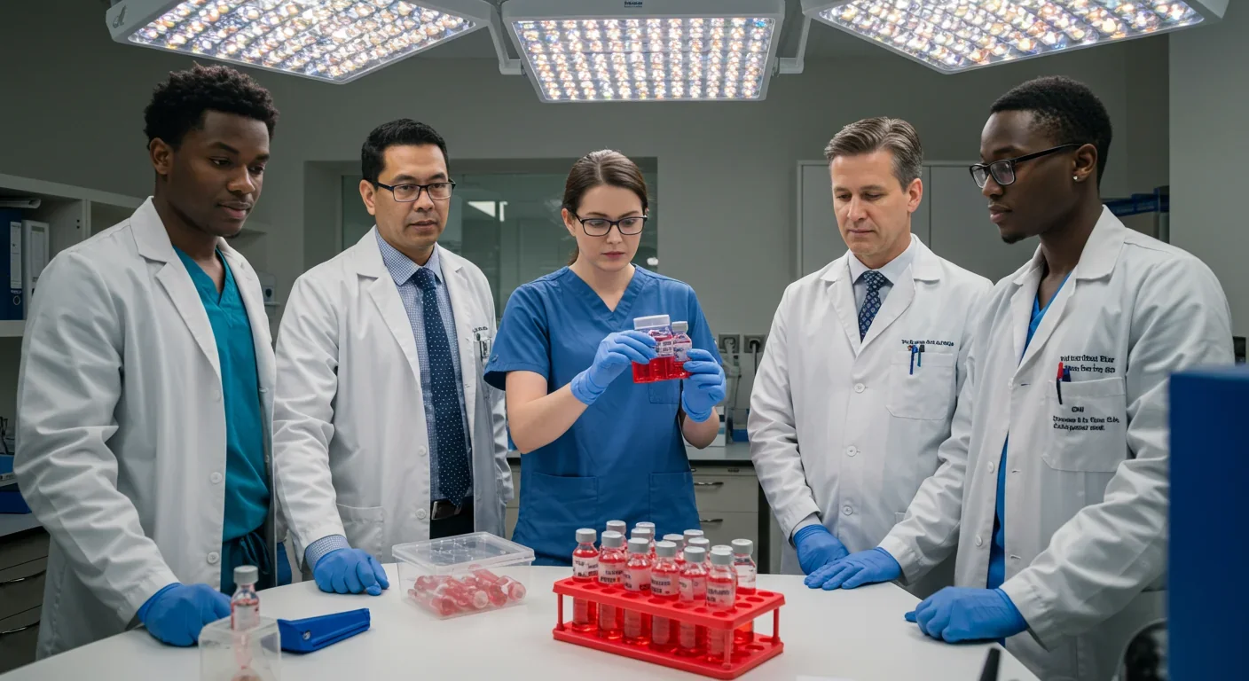 Medical researchers analyzing hemoglobin-based oxygen carrier samples in hospital laboratory