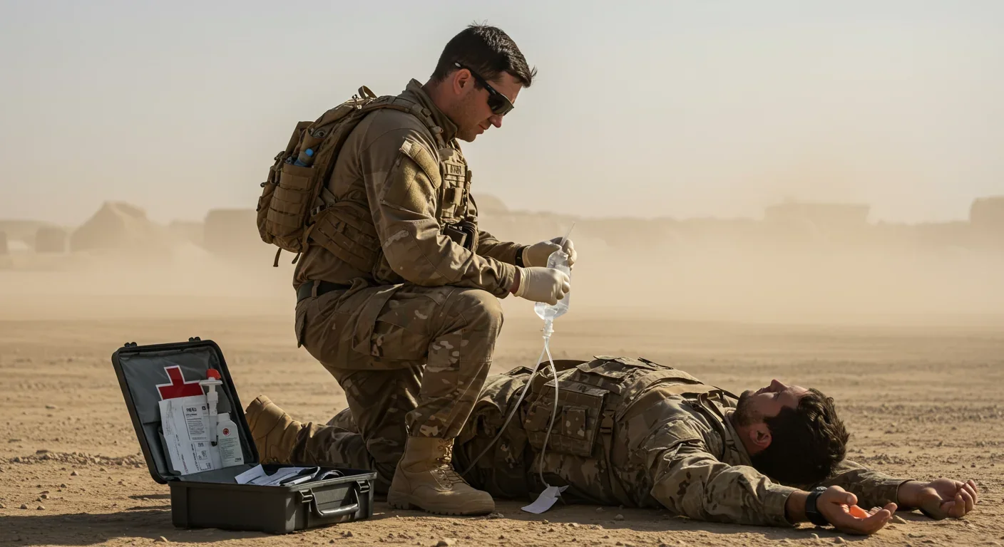 Military medic administering synthetic blood substitute to injured soldier in field
