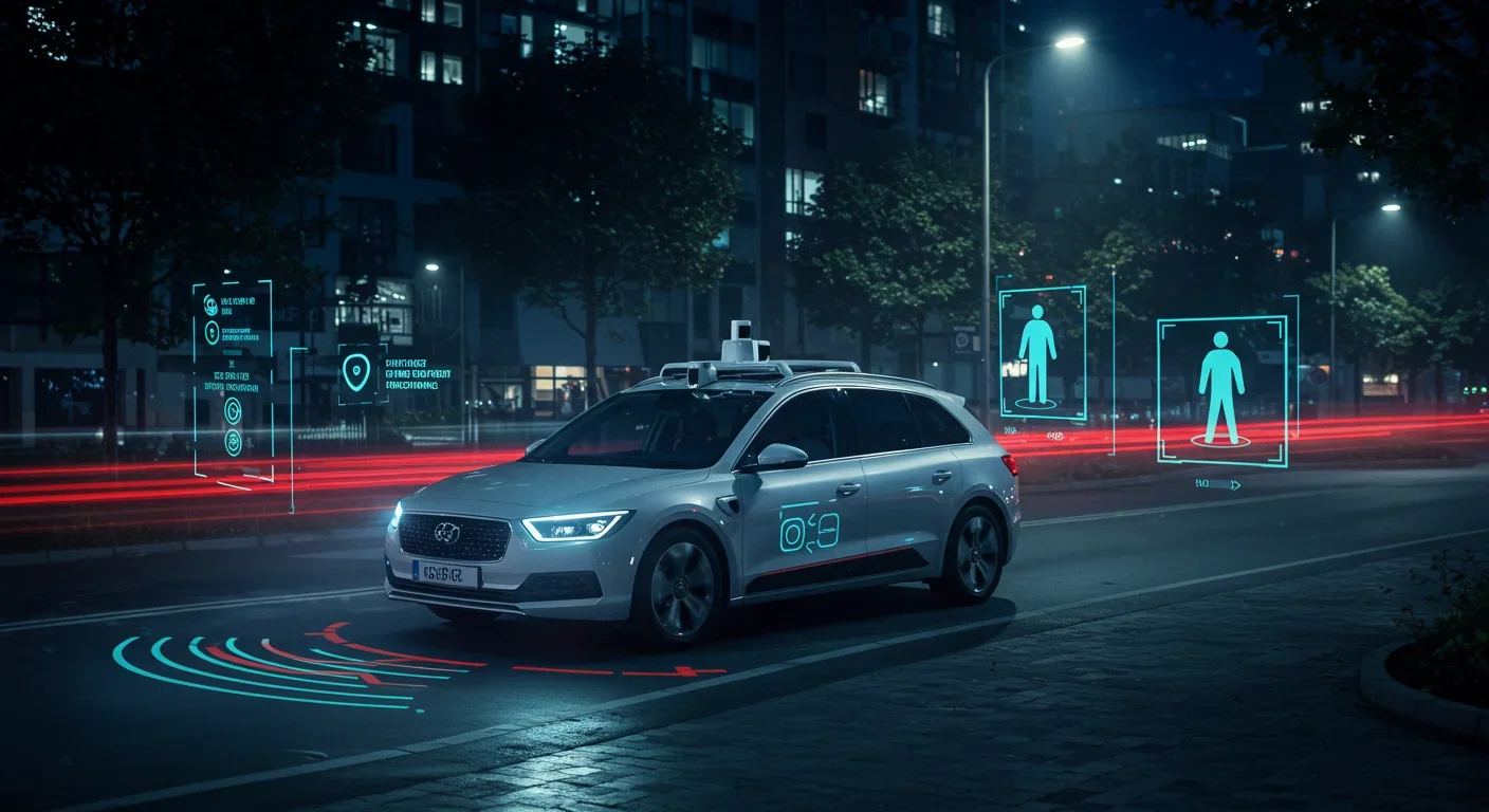 Autonomous vehicle navigating a synthetic nighttime simulation with visible sensor overlays and pedestrian detection