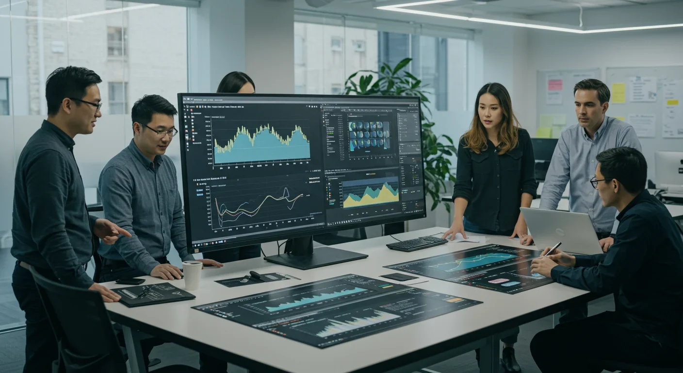 Engineering team reviewing synthetic financial transaction data and fraud detection models on interactive display