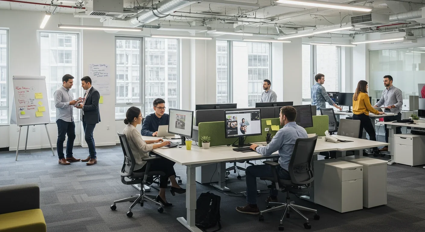 Modern open office with employees collaborating both in-person and via video calls