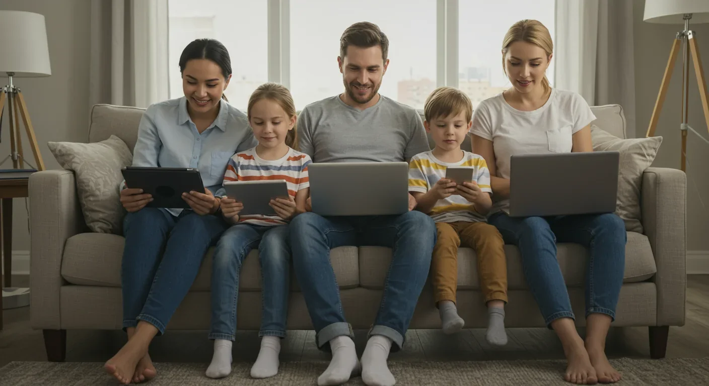 Family of four on couch each using separate devices instead of talking