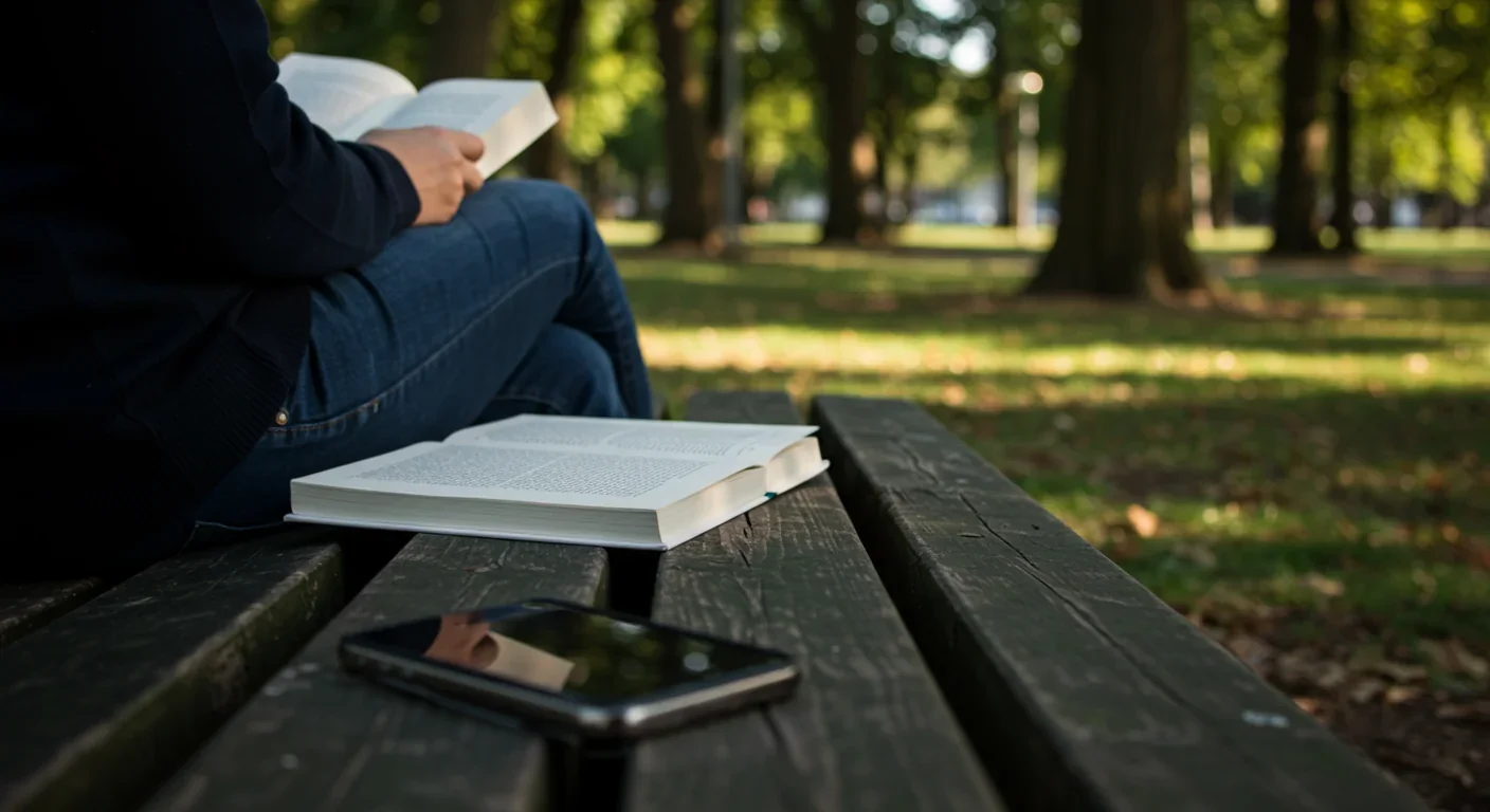 Person reading book in park with phone turned face down on bench