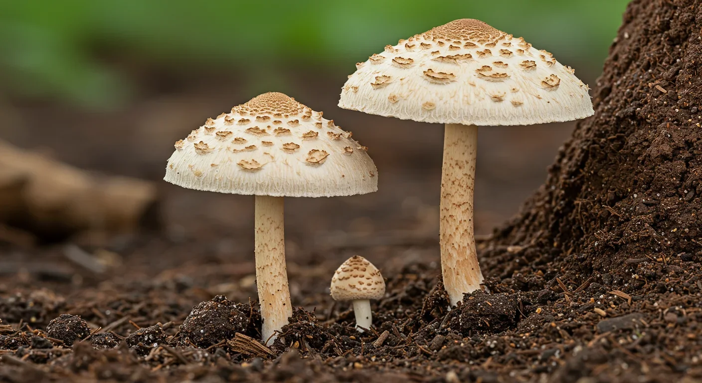 Termitomyces mushroom emerging from soil near termite mound