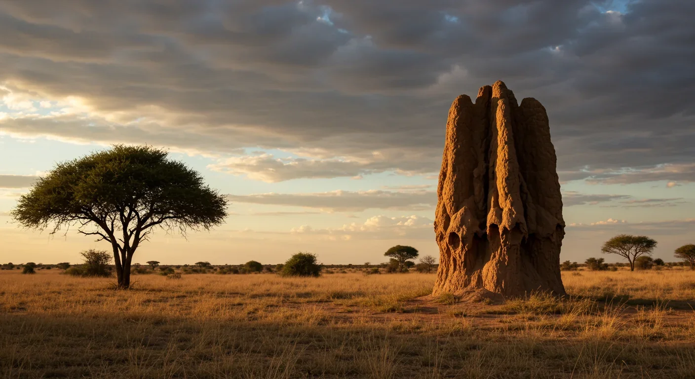 Large termite mound in African savanna ecosystem showing architectural complexity