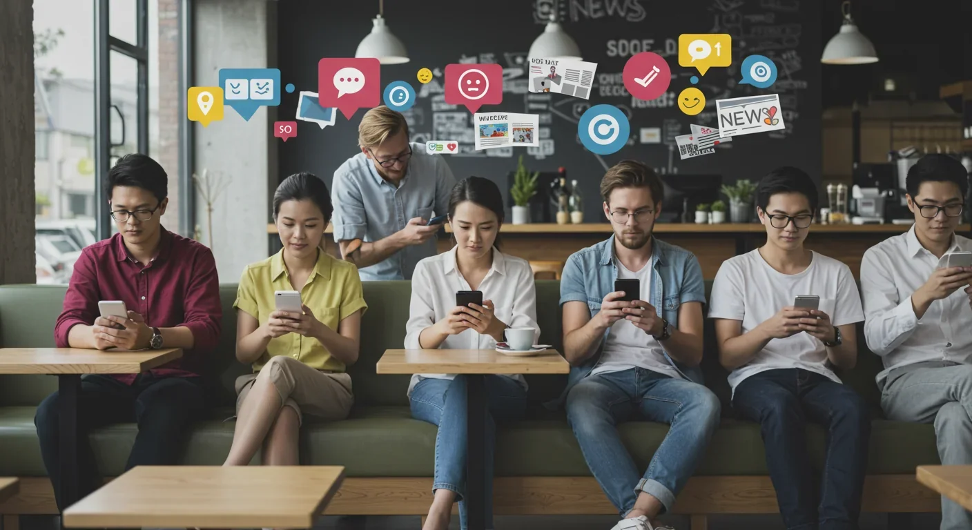 Diverse people in coffee shop absorbed in smartphones with floating social media icons representing media influence