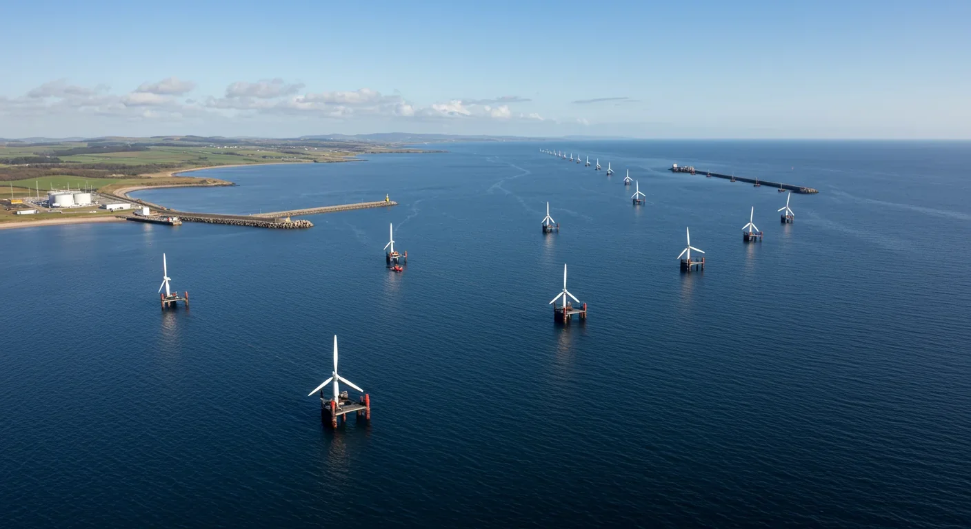 Aerial view of MeyGen tidal energy farm with underwater turbines in Scotland's Pentland Firth generating clean electricity from ocean currents
