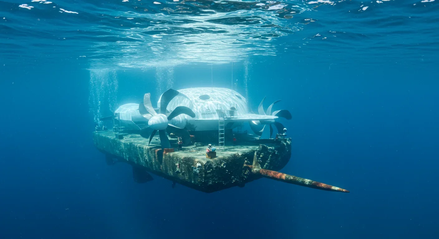 Modern tidal turbine on ocean floor generating renewable electricity from tidal currents