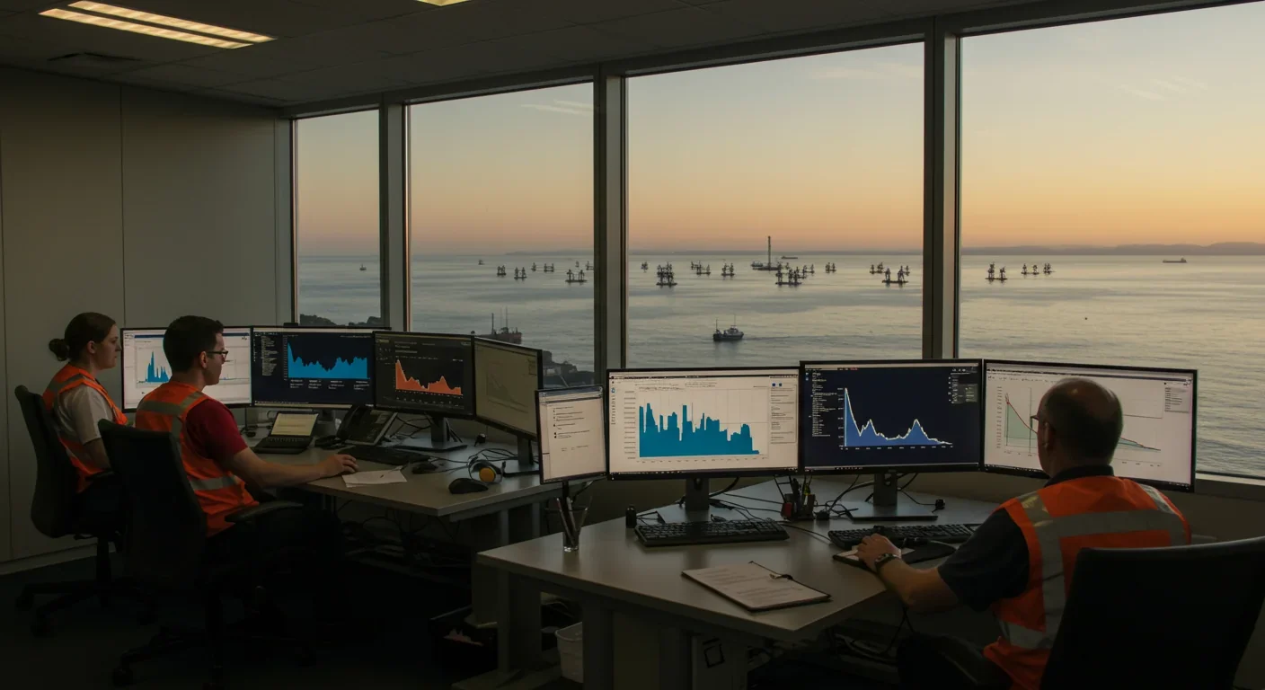 Engineers monitoring predictable tidal energy output and grid integration in coastal control facility
