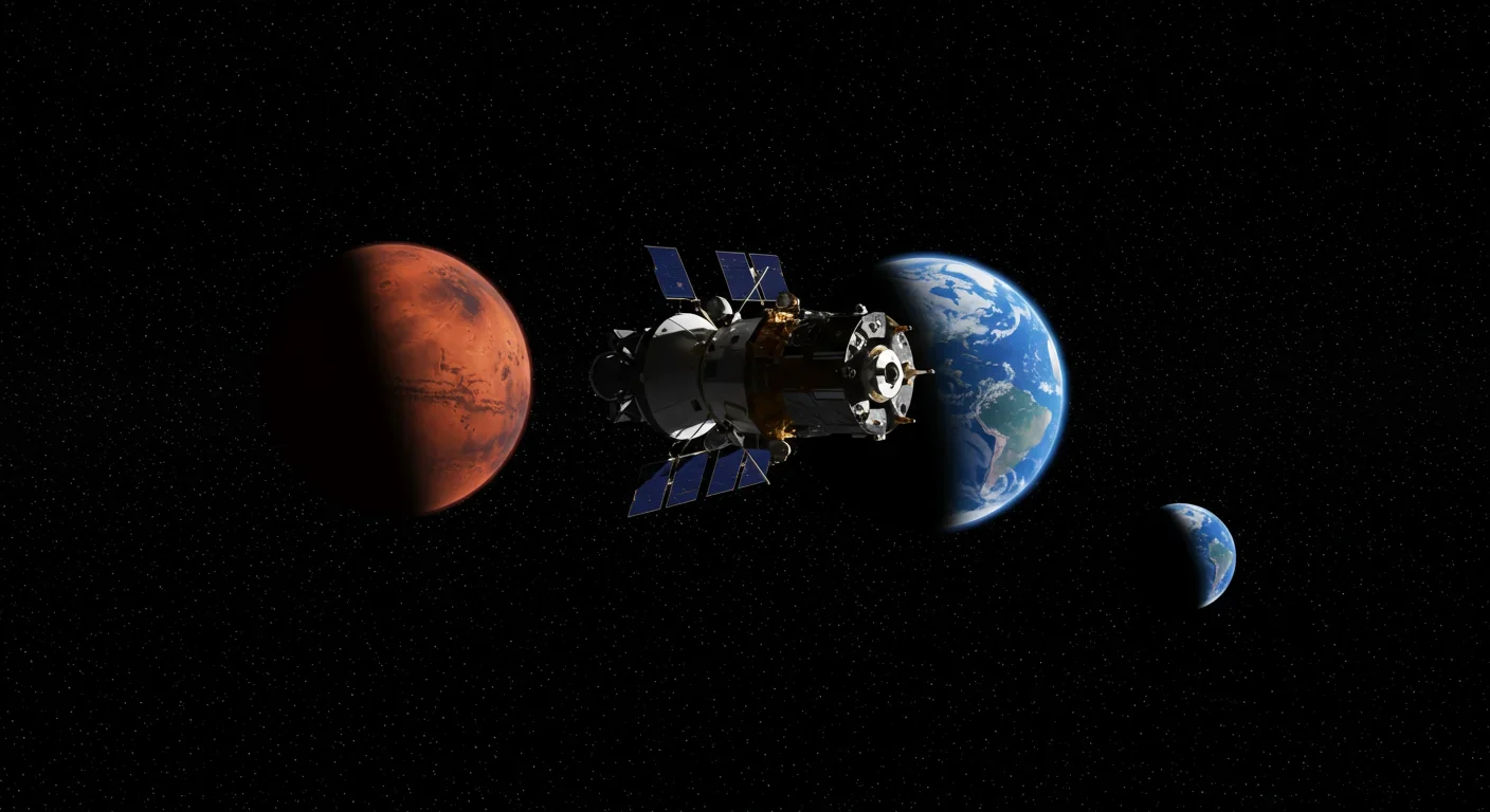 Spacecraft traveling from Earth to Mars showing the vast distance of interplanetary space