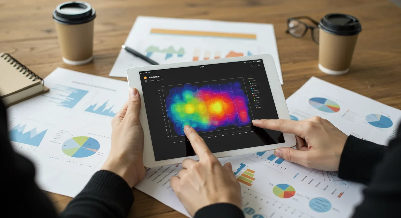 Researcher examining transformer attention weight visualizations on tablet device