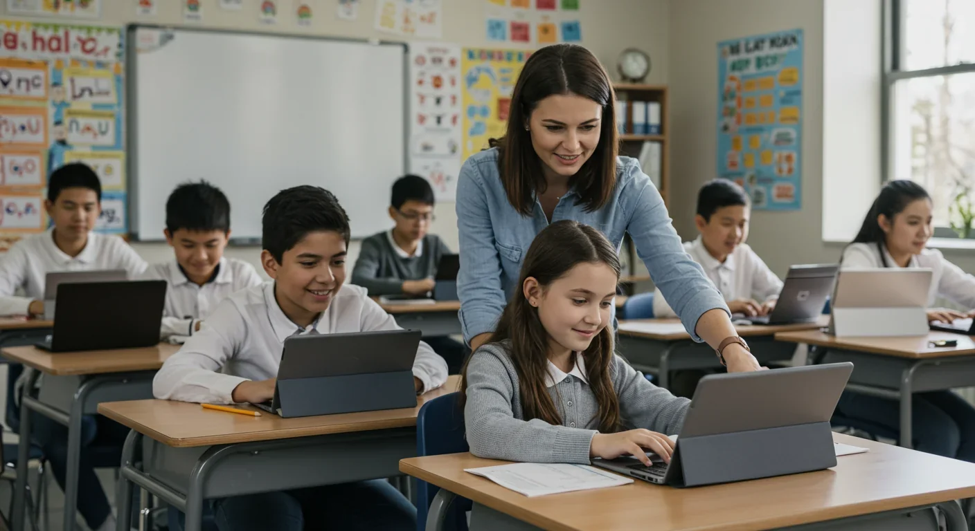 Students using AI-powered educational tools in diverse classroom setting