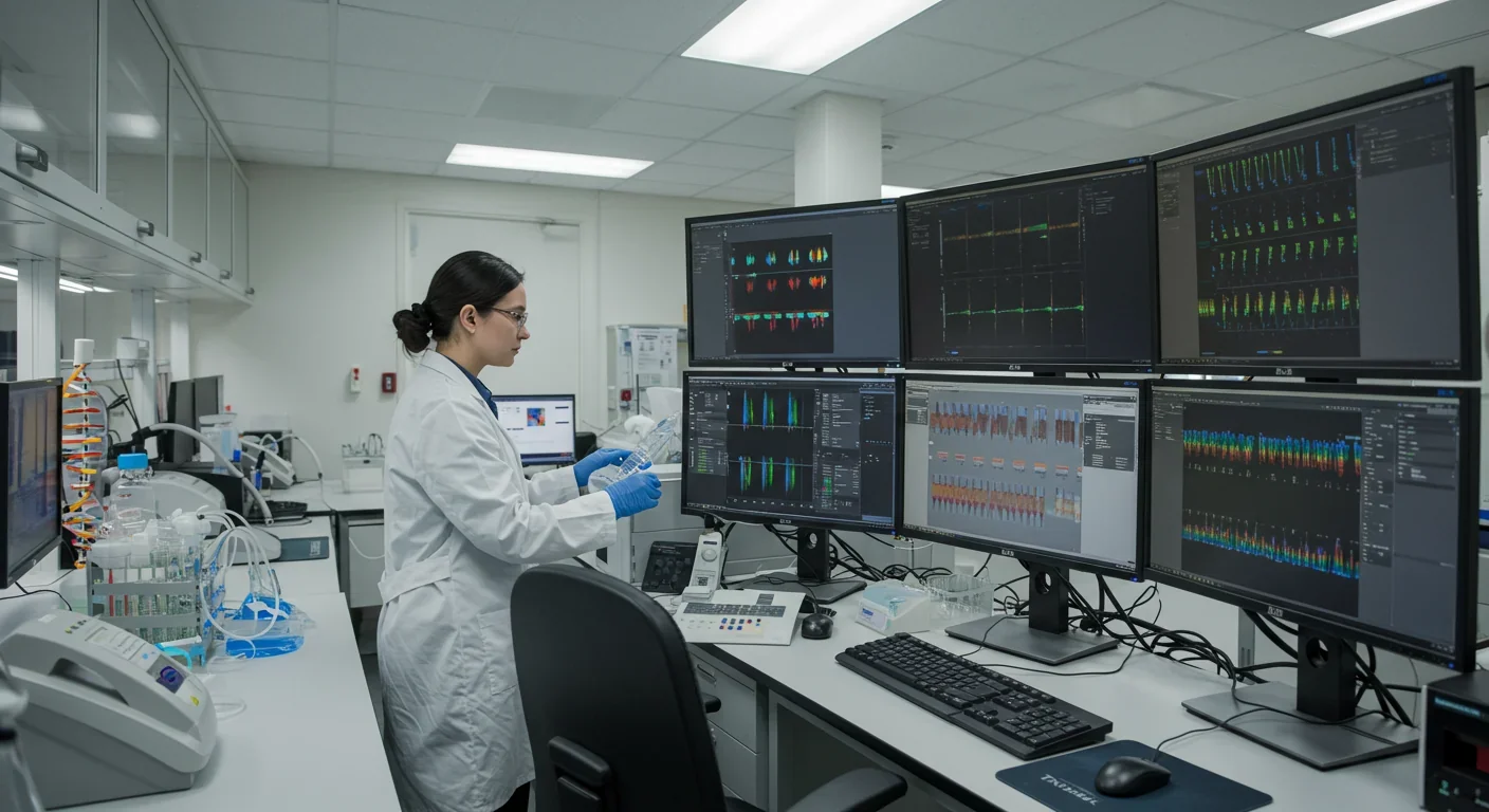 Scientist studying DNA methylation patterns on computer screens in genetics research laboratory