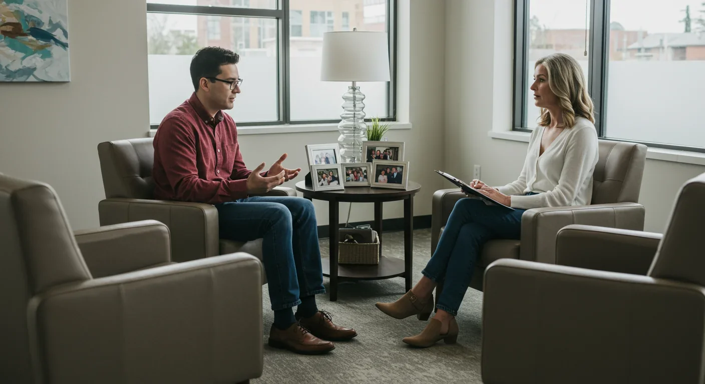 Therapy session focused on healing intergenerational trauma with family photographs visible