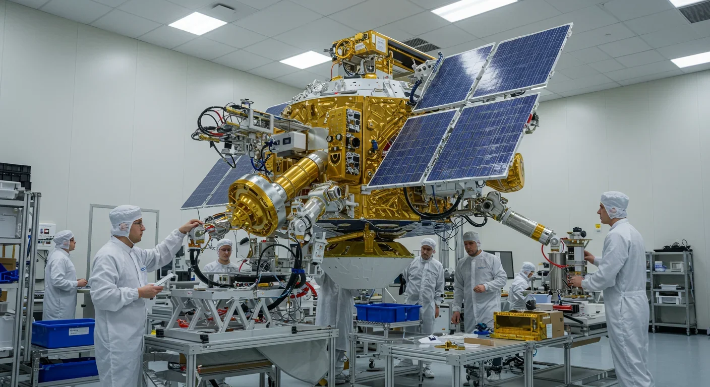 Engineers assembling robotic spacecraft for asteroid mining mission in aerospace facility