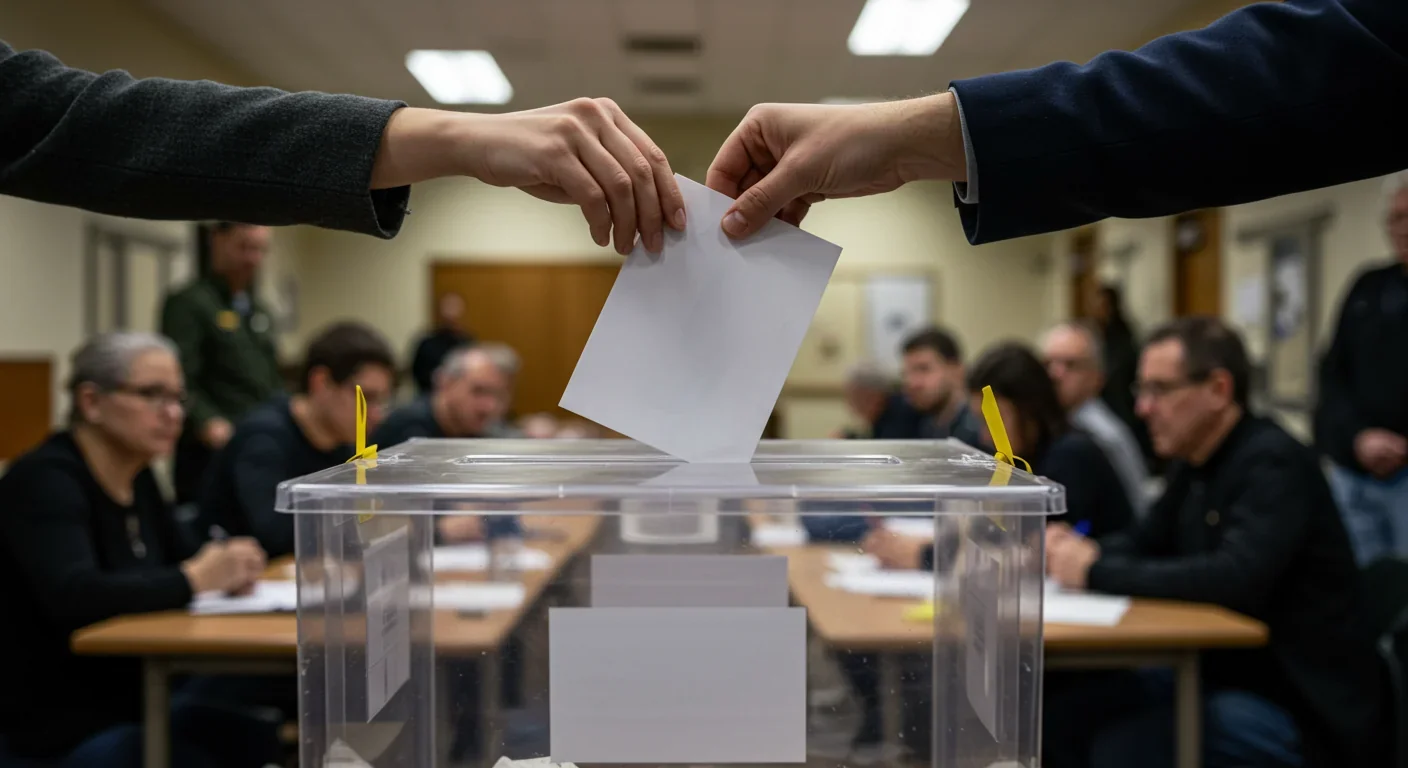 Voter casting ballot in transparent ballot box at polling station