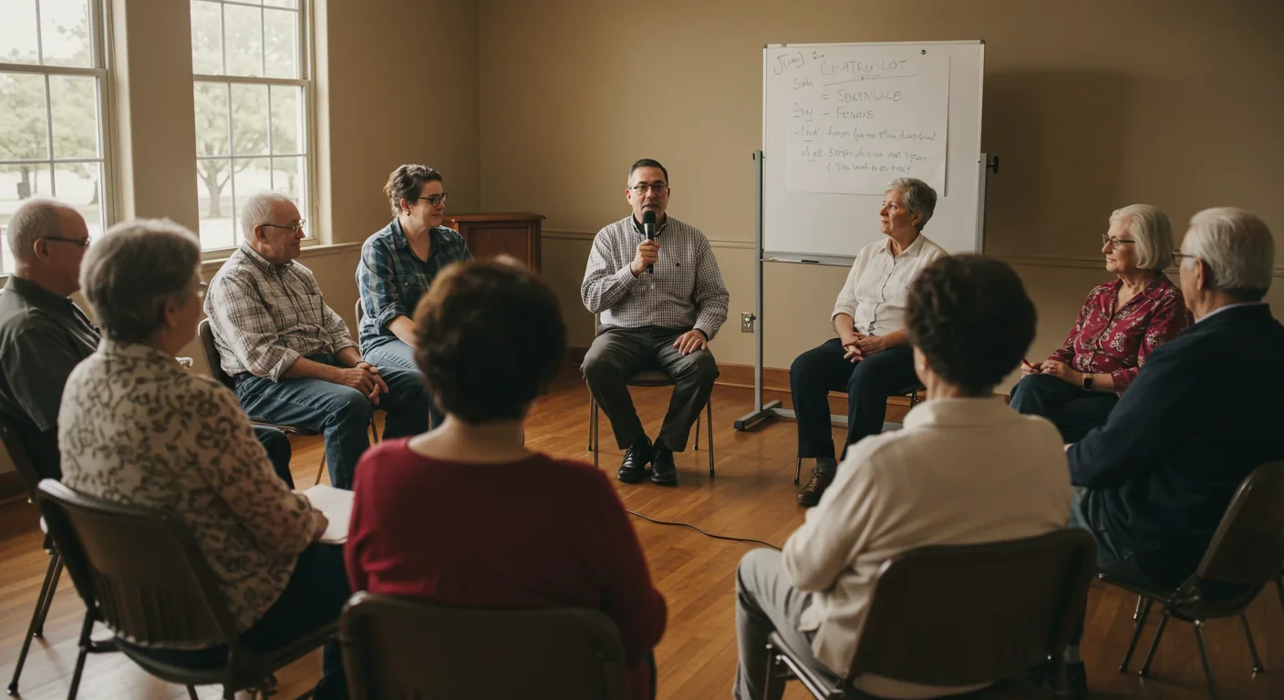 Community members engaged in participatory town hall meeting discussion