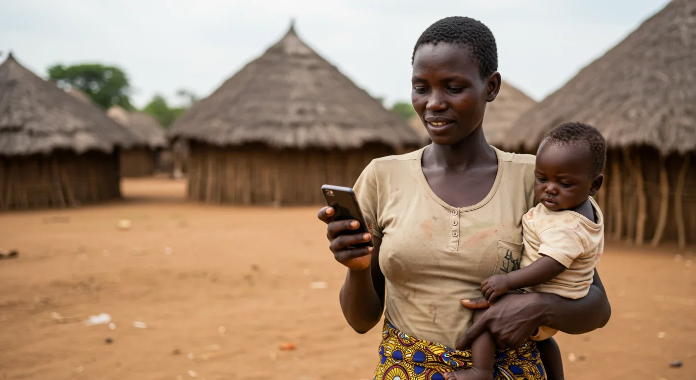 Kenyan mother receiving UBI payment through mobile phone while caring for infant in village