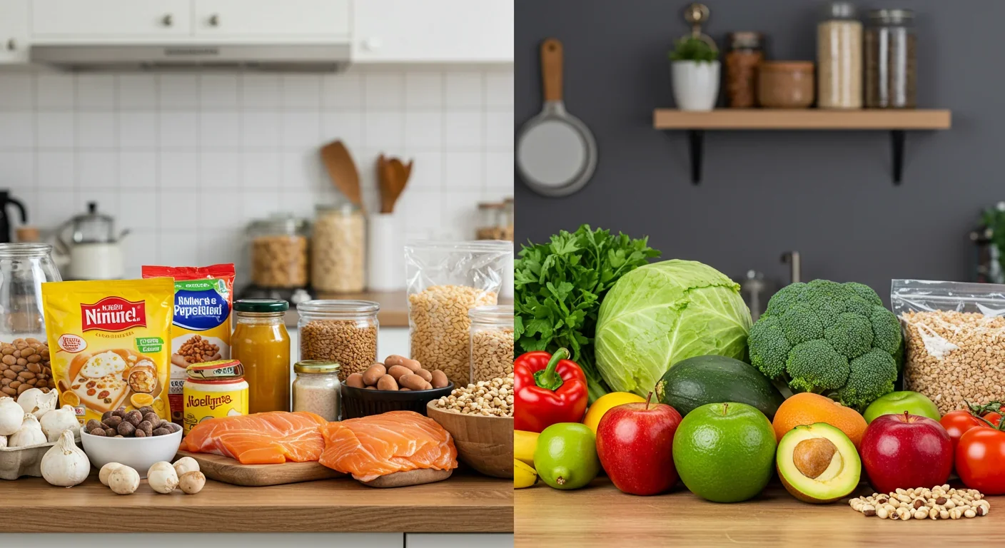 Kitchen counter split between ultra-processed packaged foods and fresh whole foods showing dietary choice contrast