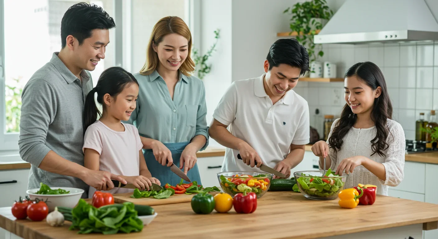 Happy family preparing fresh vegetables and salad together in bright modern kitchen demonstrating healthy cooking