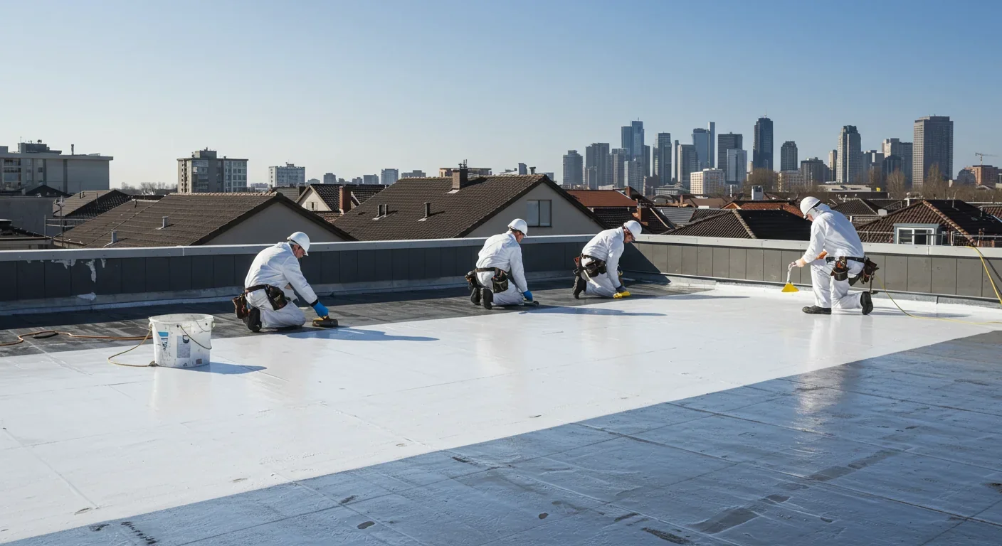 Workers applying white reflective cool roof coating to residential building with city skyline background