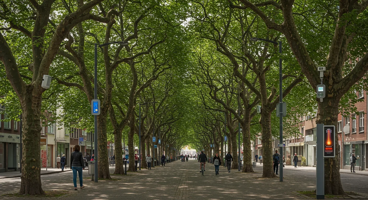 Tree-lined city street with natural shade canopy and people walking underneath on a sunny day