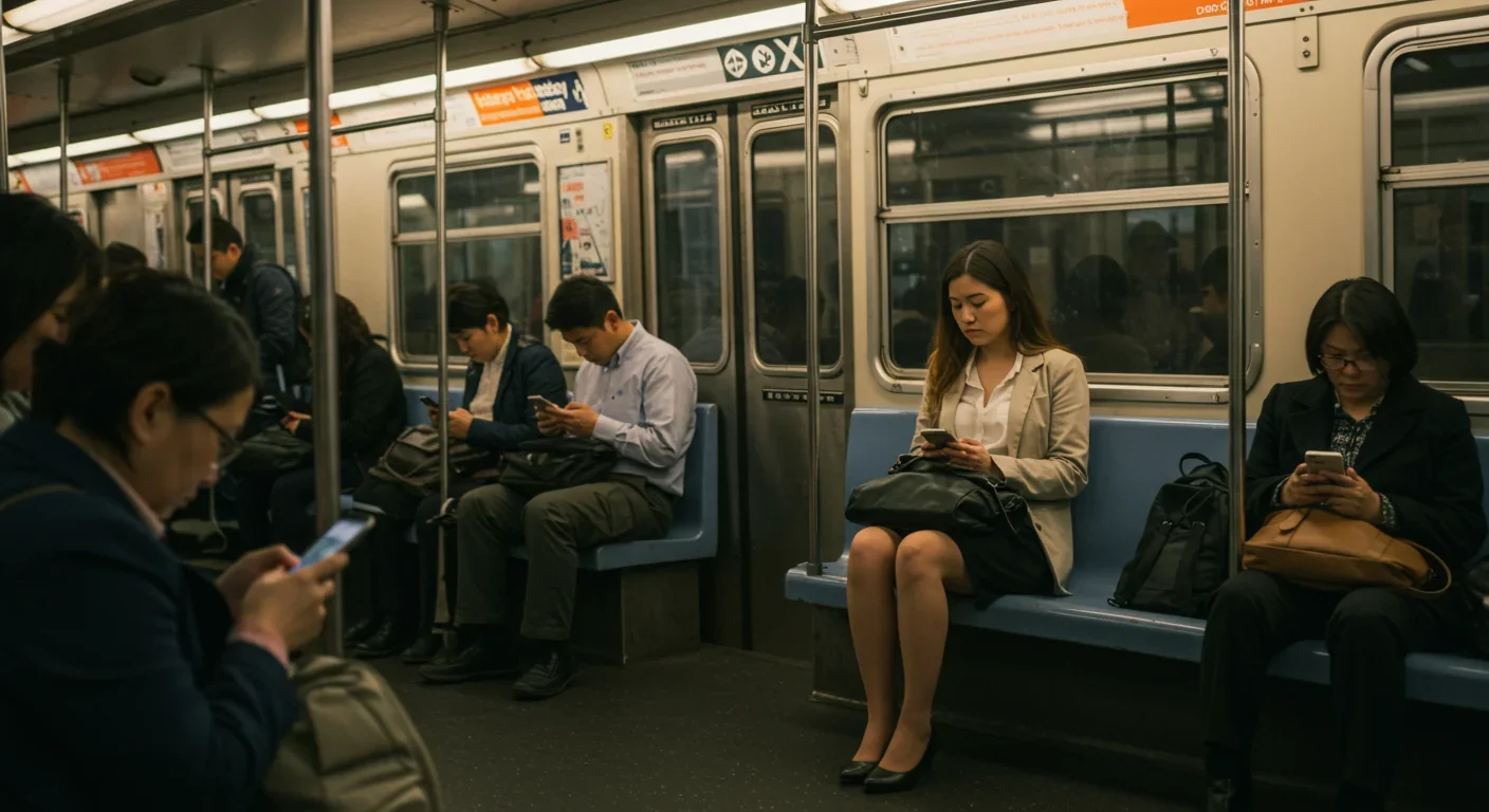 Woman alone on crowded subway surrounded by people on phones illustrating urban loneliness paradox