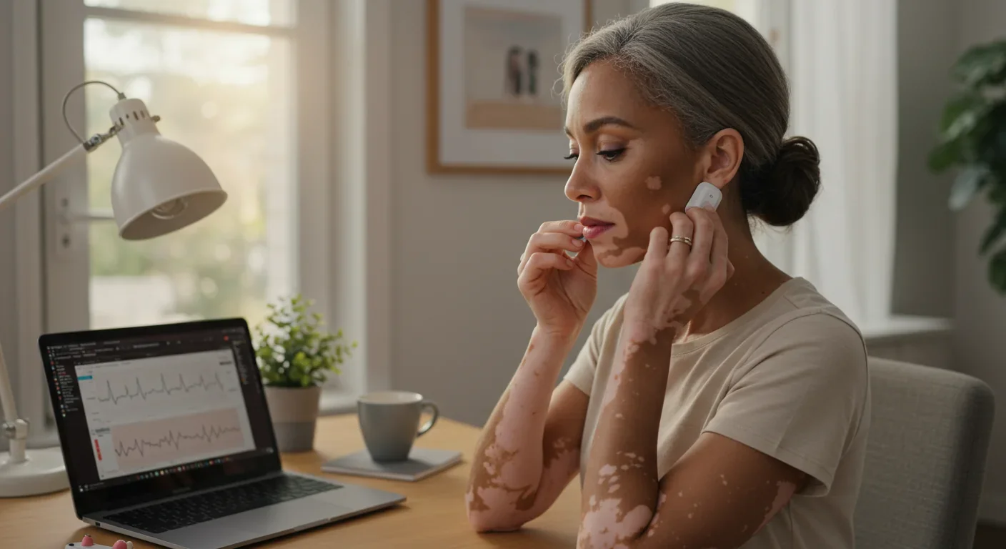Woman applying transcutaneous vagus nerve stimulator ear clip at home desk