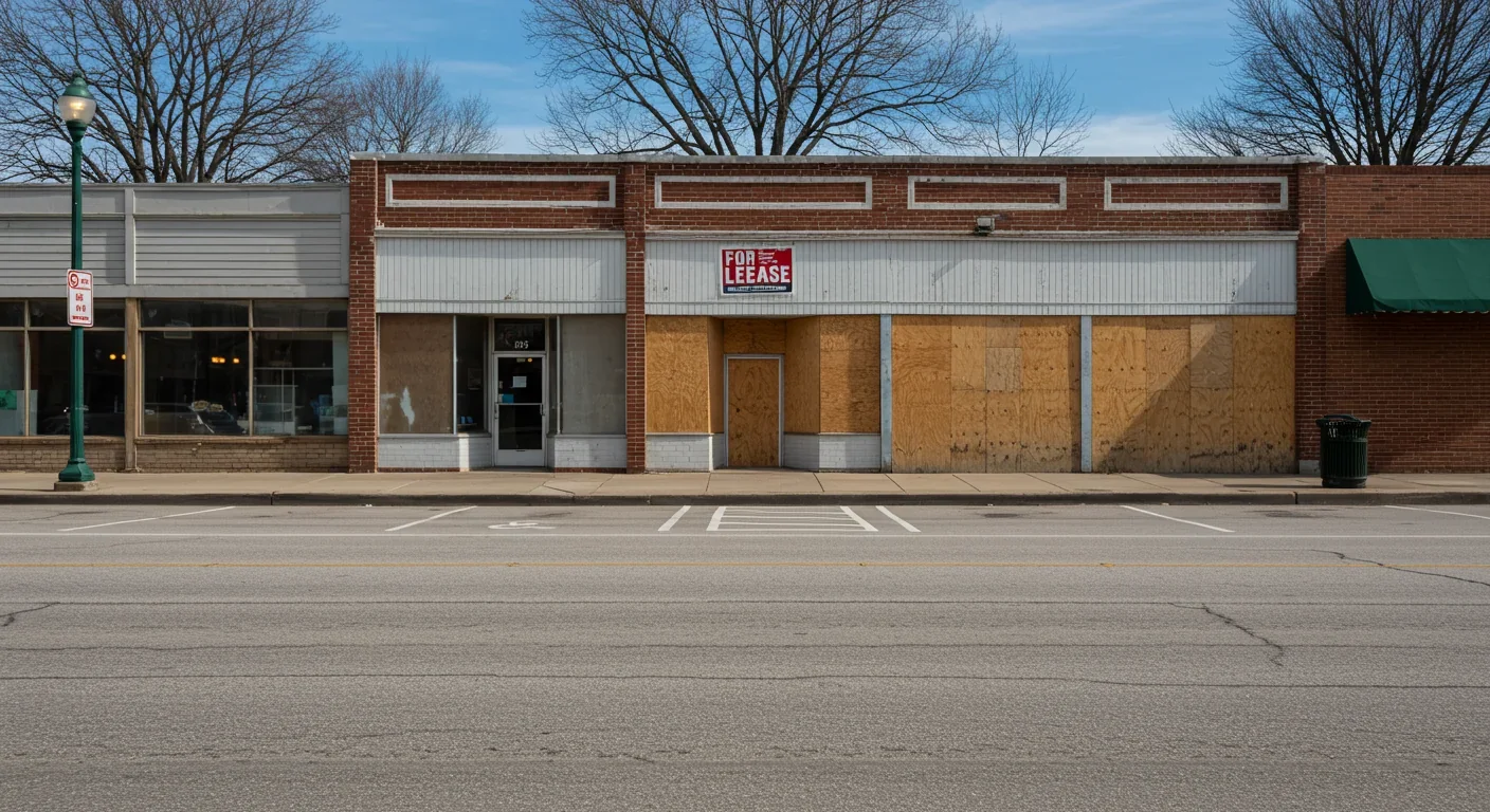 Boarded-up vacant storefront with for lease sign on empty main street