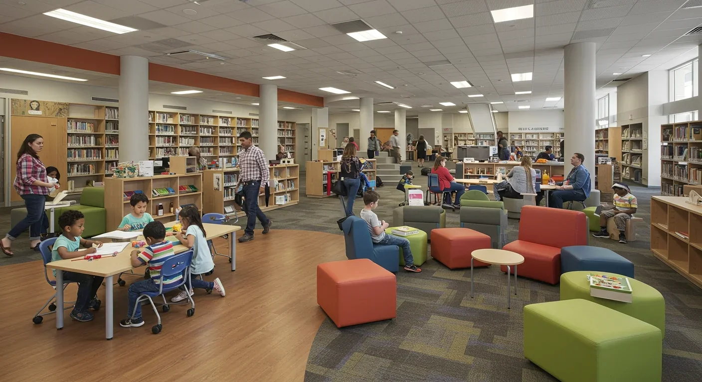 Busy public library with diverse age groups engaged in maker activities and community programs
