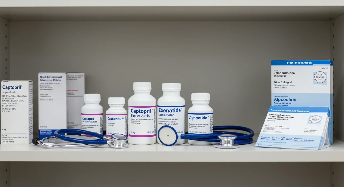 FDA-approved venom-derived medications including captopril, exenatide, and ziconotide displayed on pharmacy shelf