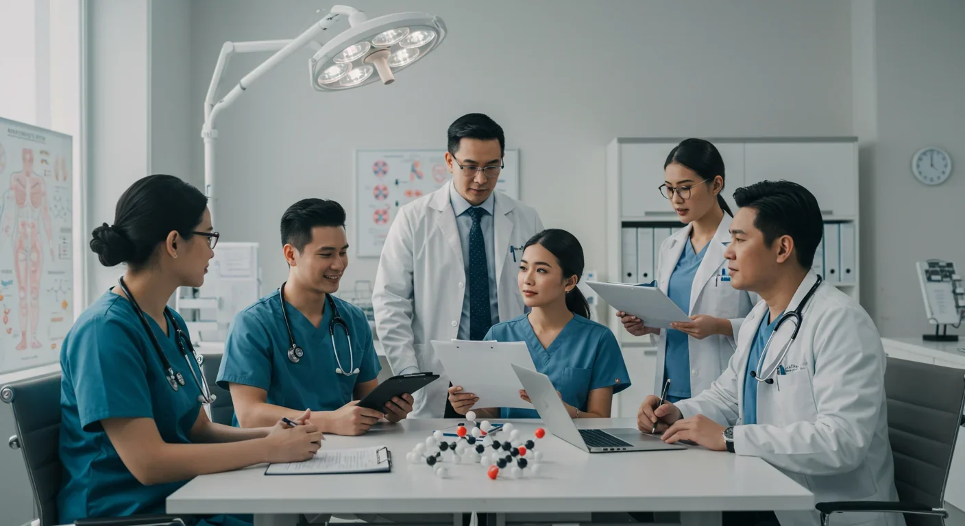 Medical team consulting with patients about venom-derived therapeutic options in modern healthcare facility