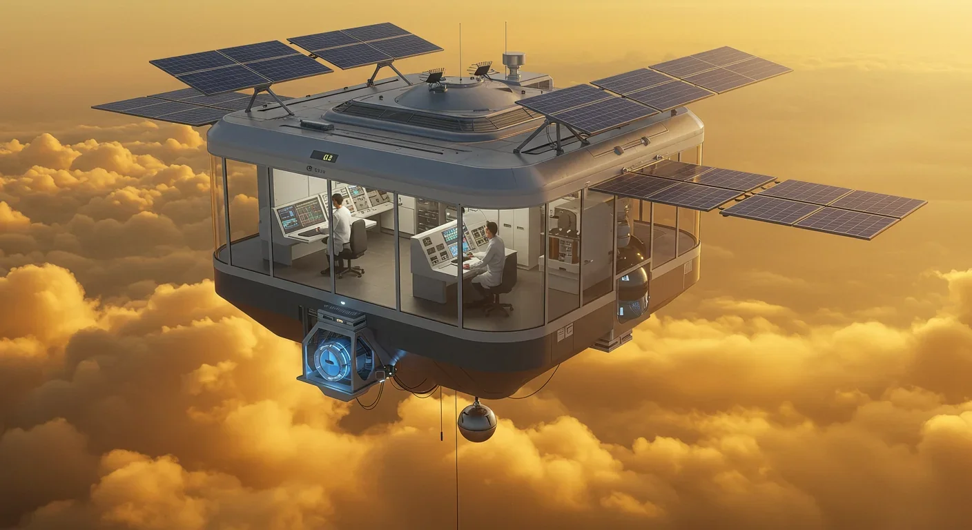 Scientists working inside a floating research station suspended in Venus's golden clouds with solar panels visible on top