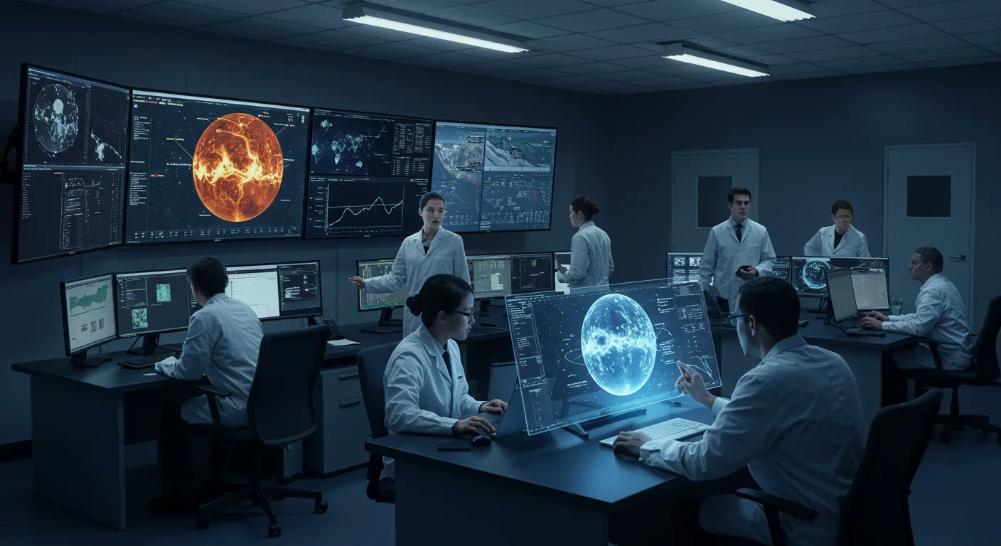 Mission control room with engineers analyzing Venus atmospheric data on multiple screens