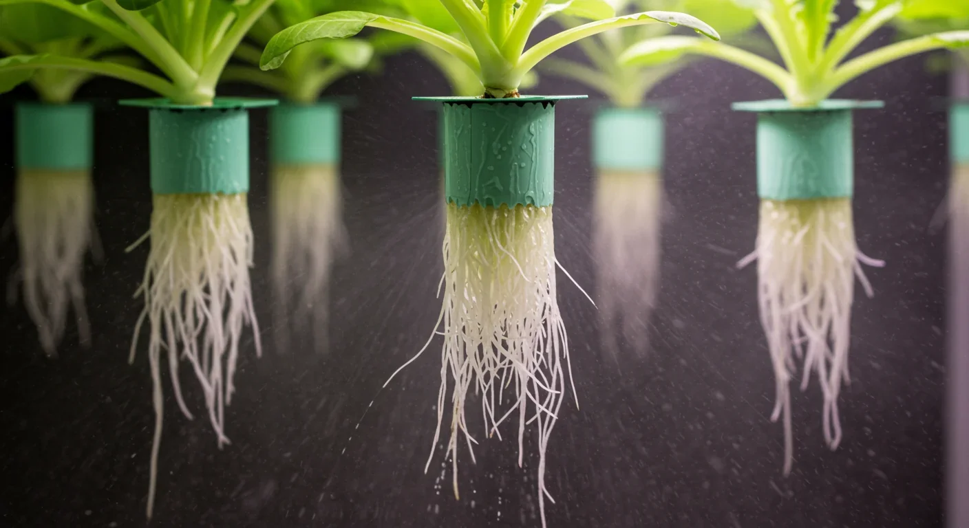 Aeroponic system showing white plant roots being misted with nutrients in a controlled environment
