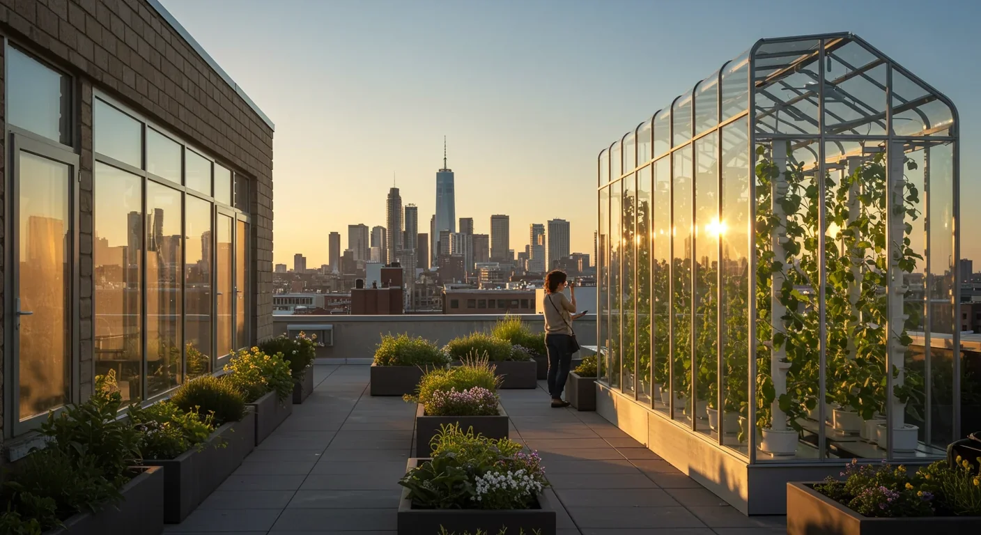 Glass greenhouse with vertical farming towers on city rooftop overlooking urban skyline at sunset