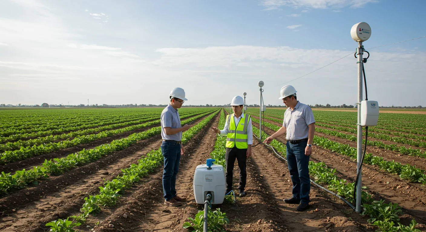 Engineers examining modern drip irrigation system saving water in agricultural field