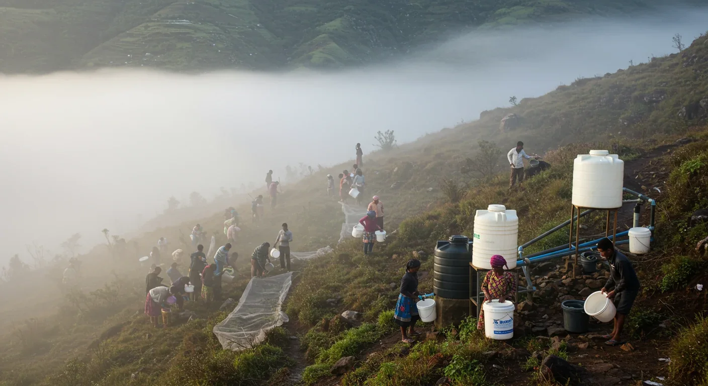 People collecting water from fog harvesting nets on mountainside with storage tanks