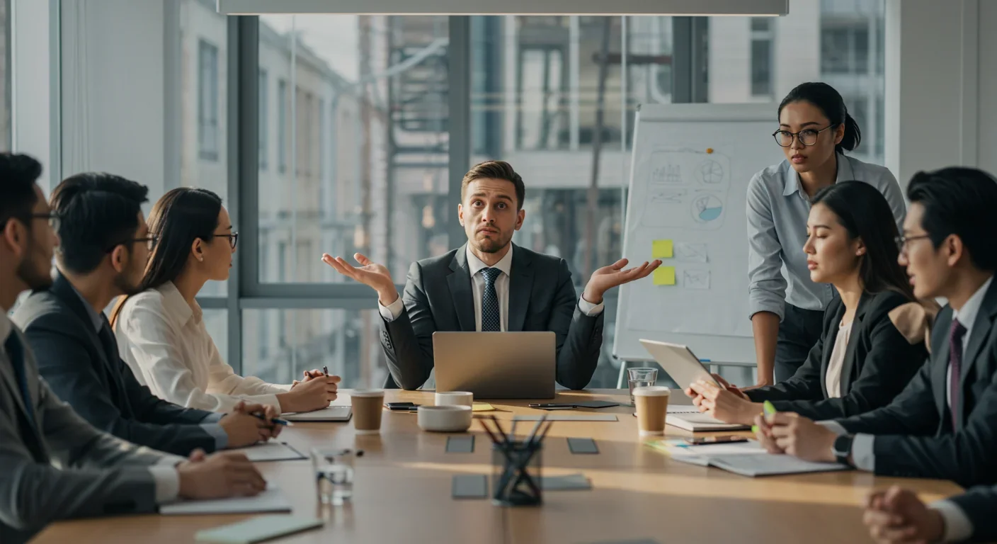 Team meeting showing workplace tension as one employee appears confused while colleagues show signs of frustration