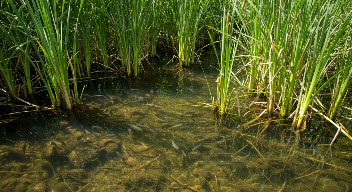Clear water flowing through cattails and bulrushes in a constructed wetland showing natural filtration process