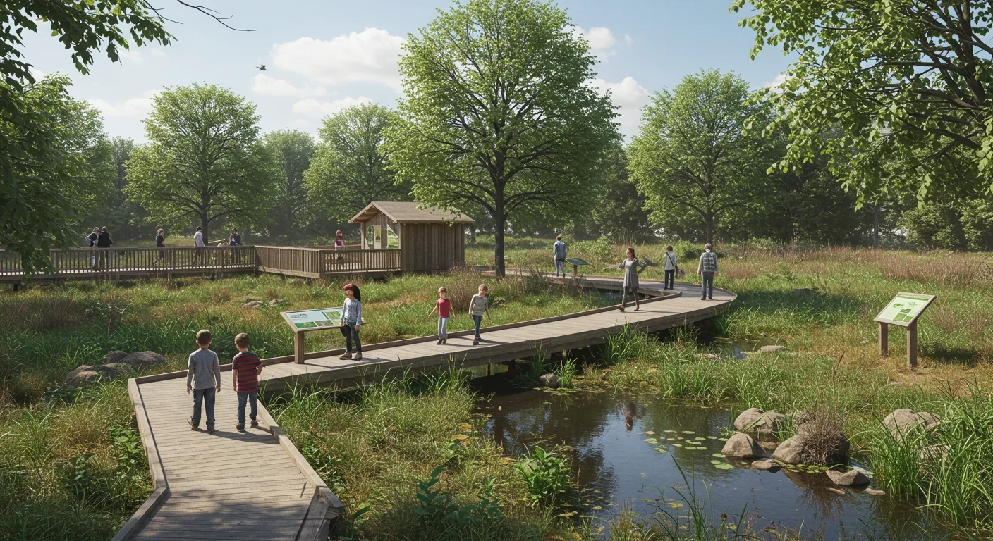 Families walking on boardwalk through restored urban wetland park with educational signage and native vegetation