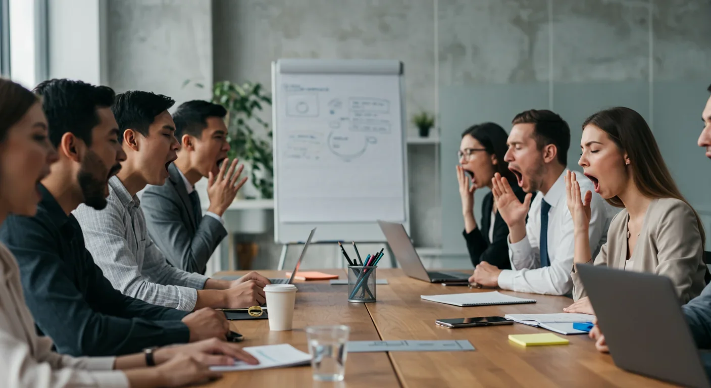 Multiple people yawning together in meeting demonstrating contagious yawning through mirror neuron activation and social bonding