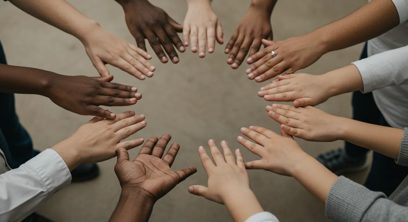 Hands of multiple generations forming circle representing community childcare support
