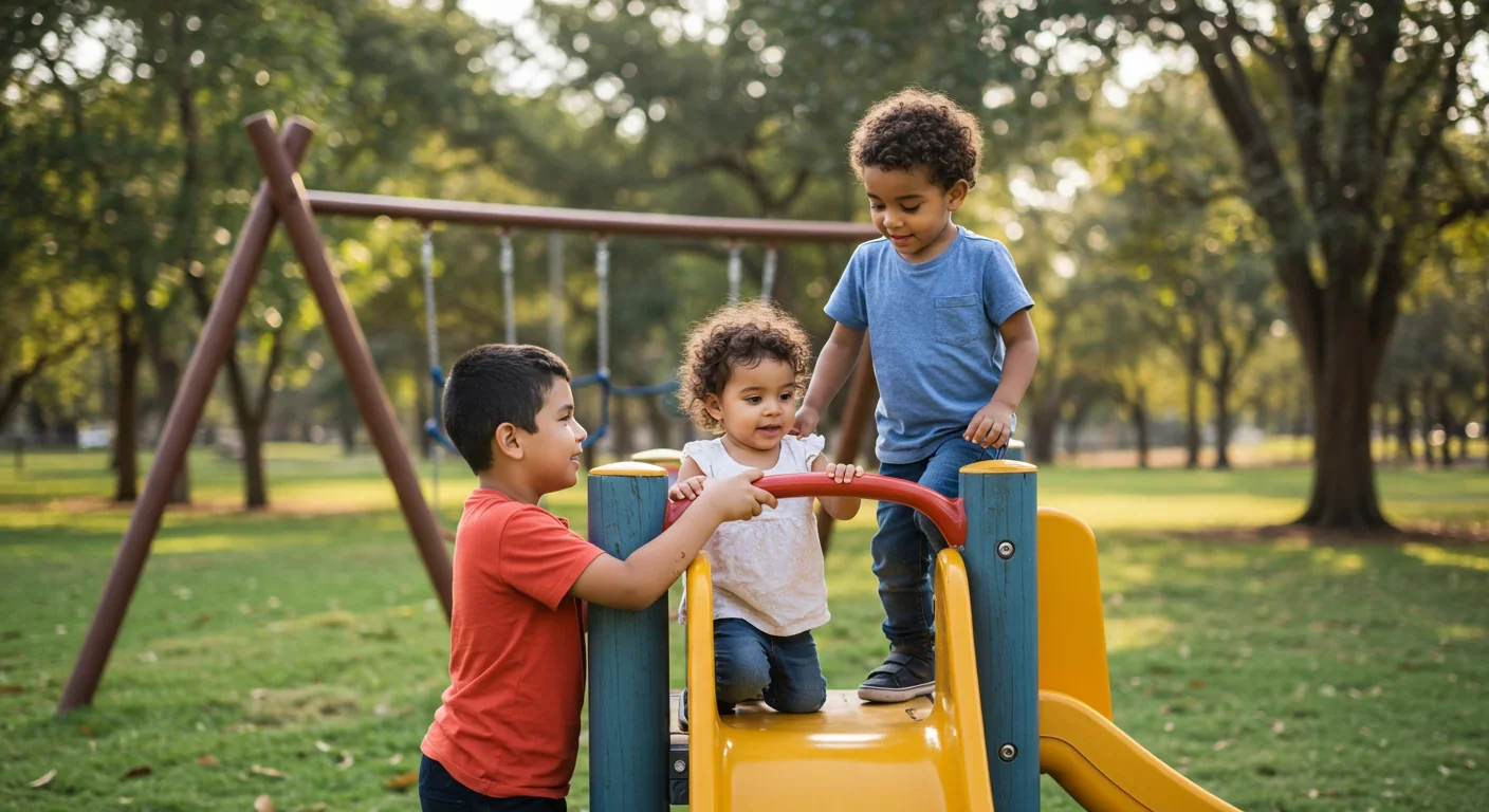 Older child helping younger child on playground demonstrating peer caregiving