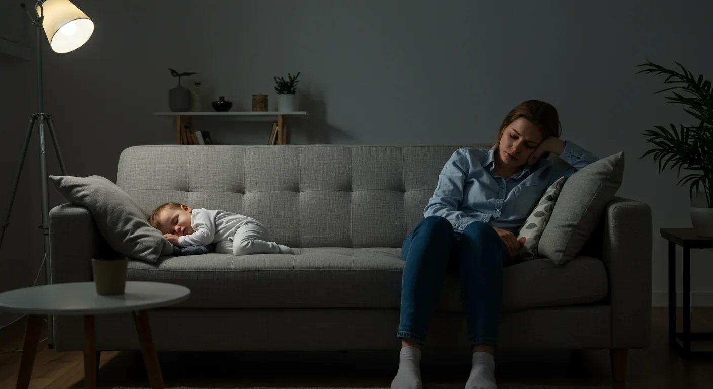 Tired mother alone on couch illustrating isolation of modern nuclear family parenting