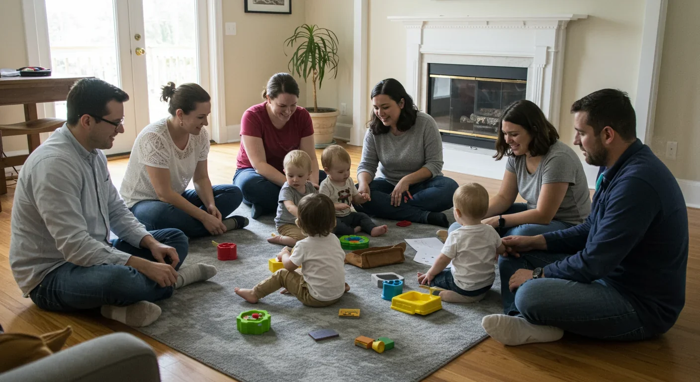 Group of parents and friends sharing childcare duties in casual home gathering