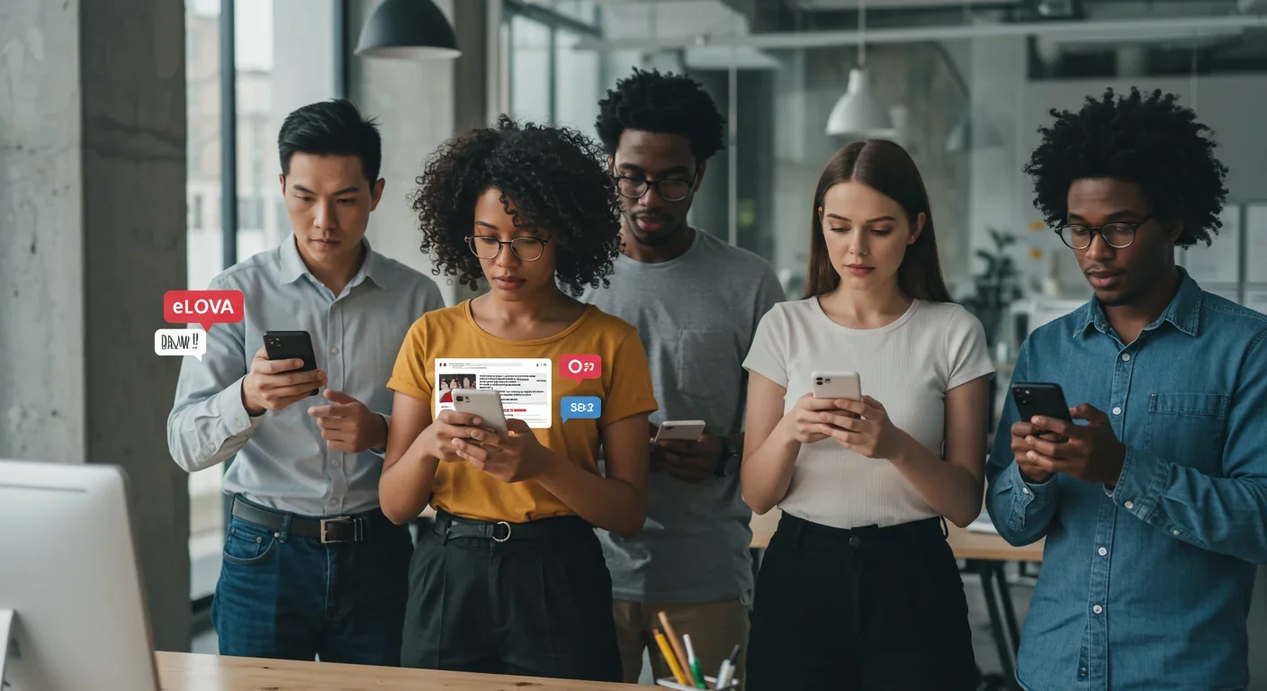 Group examining social media news feeds on smartphones with concerned expressions in modern office
