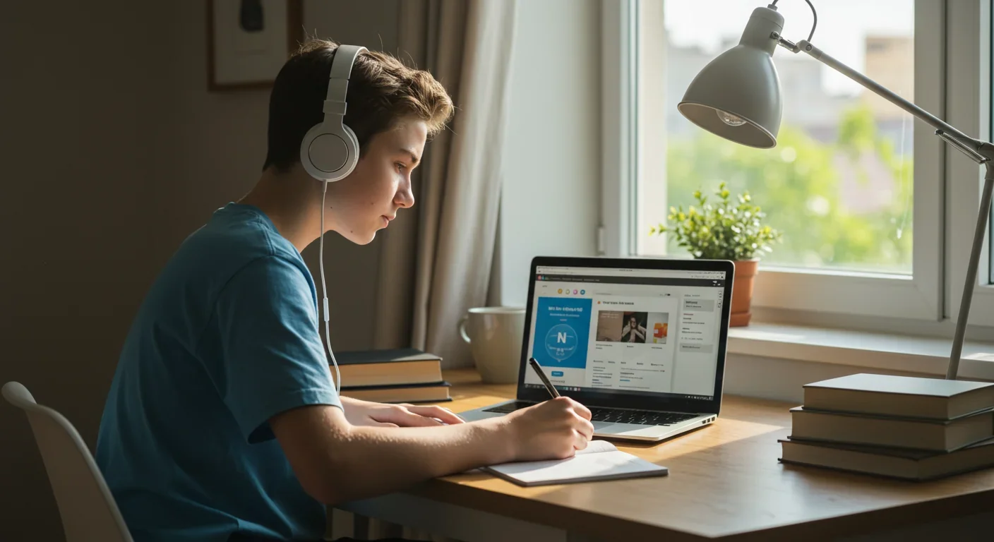 Teenage student engaged in online homeschool learning at a home desk with laptop and notebooks