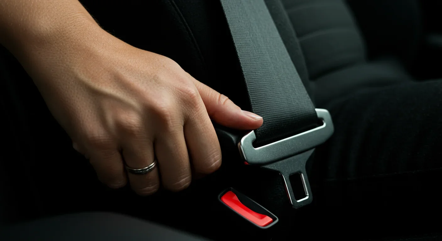 Hand fastening a car seatbelt, representing conscious override of evolutionary biases to address genuine modern dangers