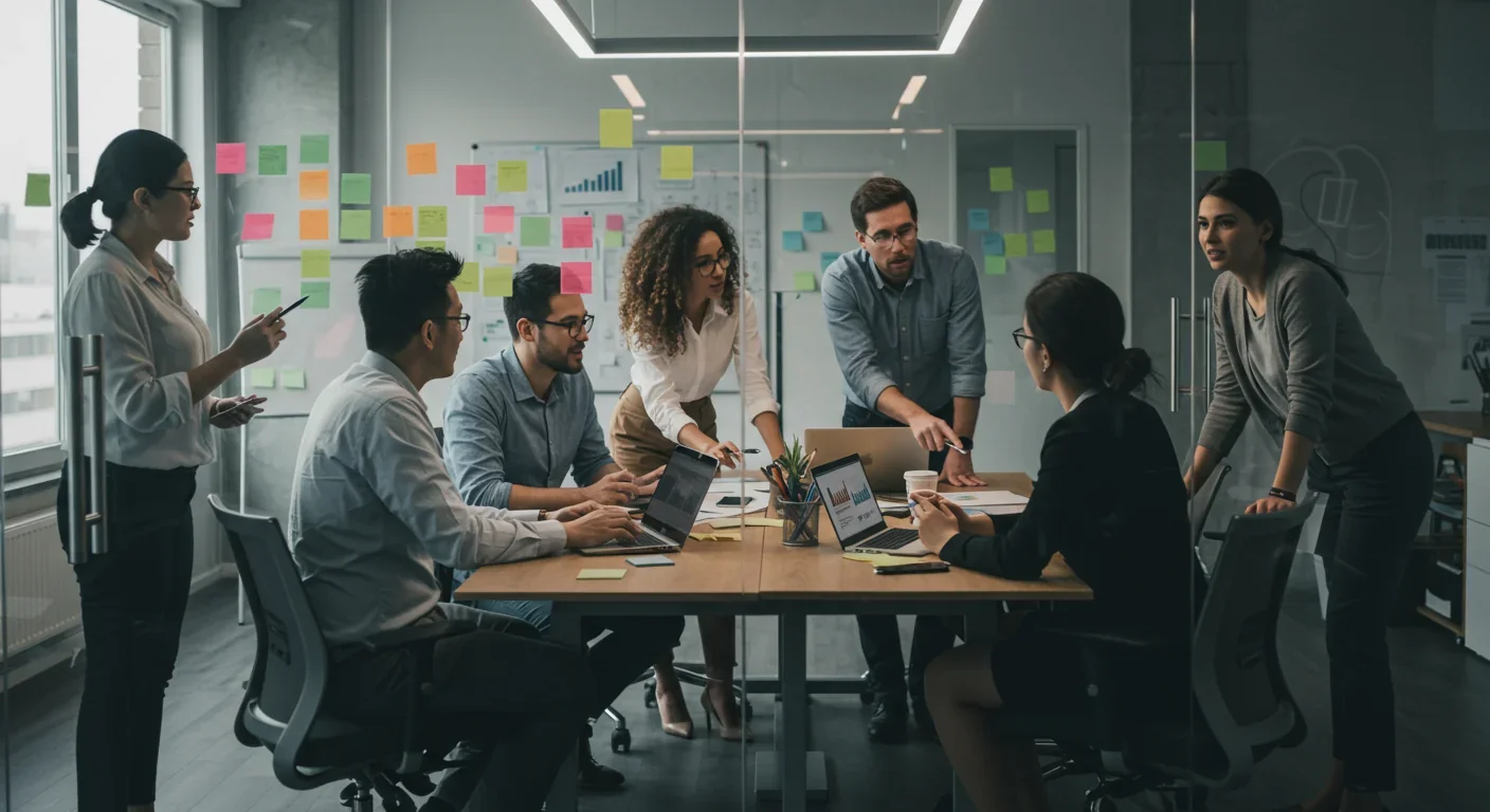 Diverse business team analyzing data and collaborating in modern office